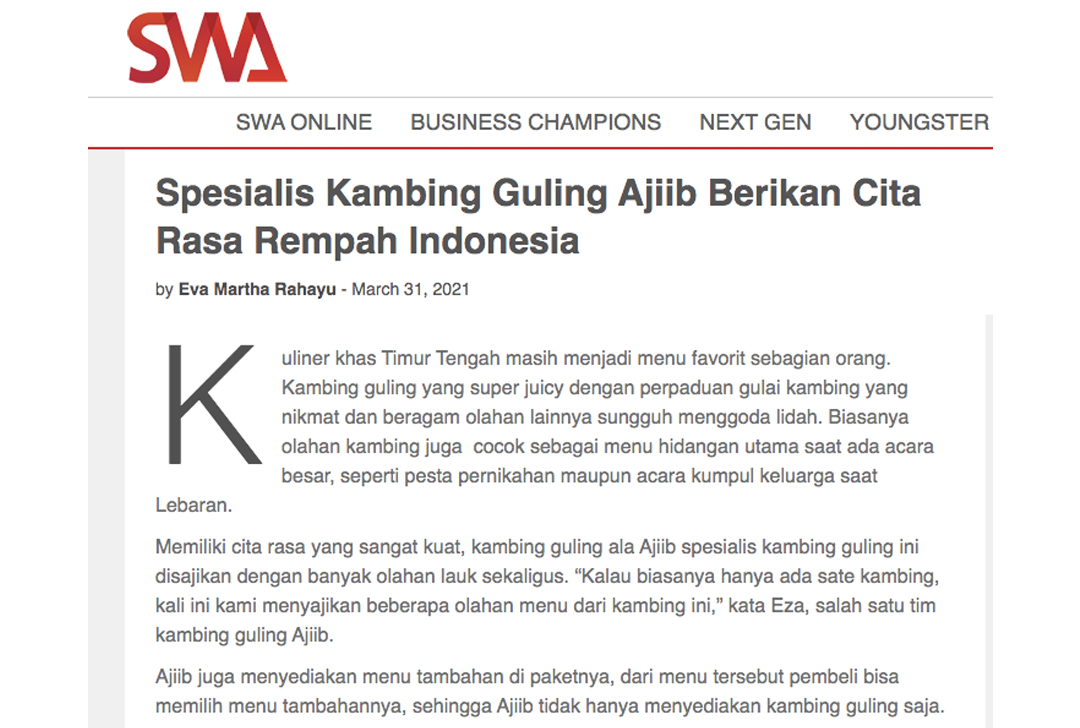 Kambing Guling Ajiib diliput majalah SWA