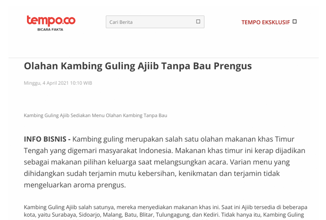 Kambing Guling Ajiib diliput koran Tempo